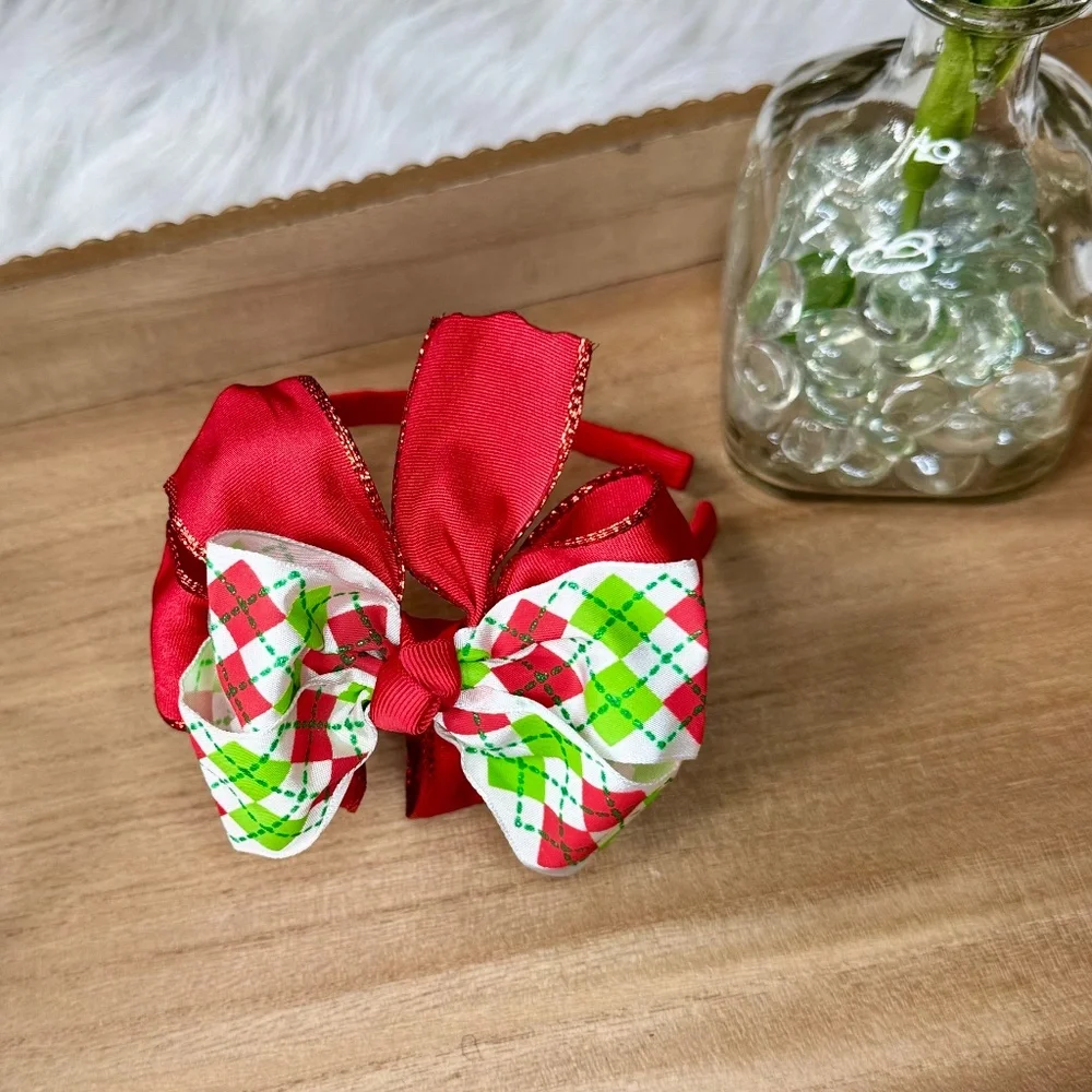 Girls Red‎ & Green Argyle Christmas Bow Headband | Layered Bow Headband